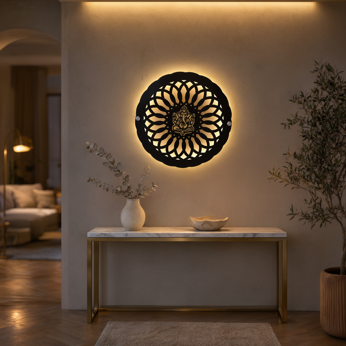 Illuminated Ganesha Lotus Mandala Wall Art